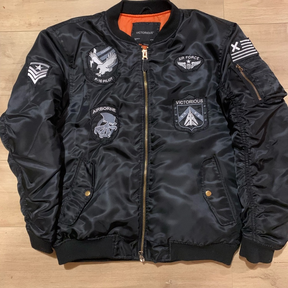 Victorious Black Bomber Jacket with Patches